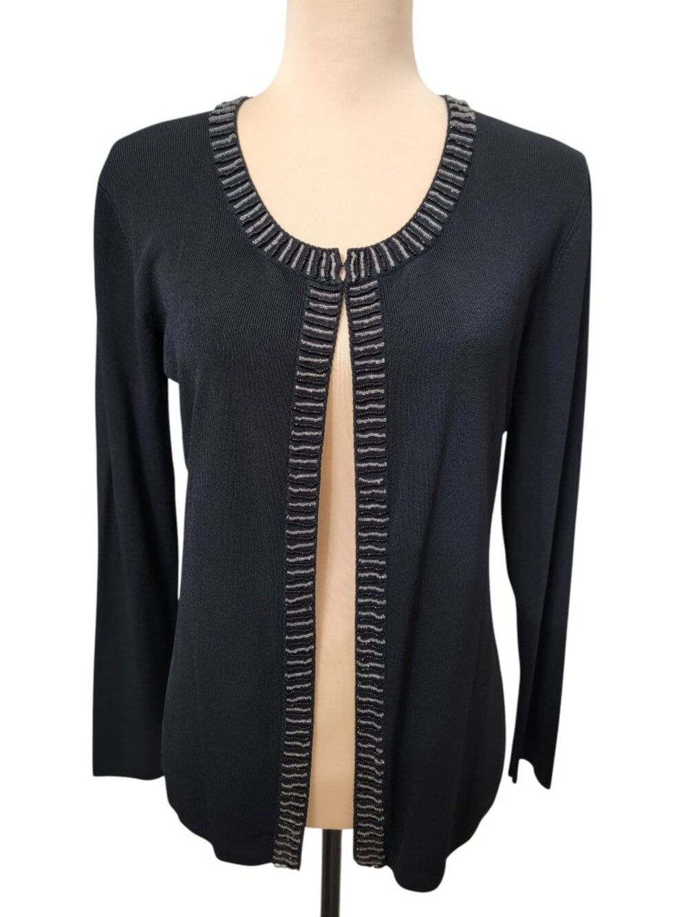LouLou Size L Black Knit Cardigan Sweater, Beaded Trim